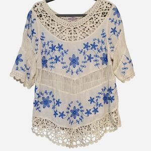 Oliver Women's L Cream Blue Floral Embroidery Crochet Blouse Boho Festival Beach